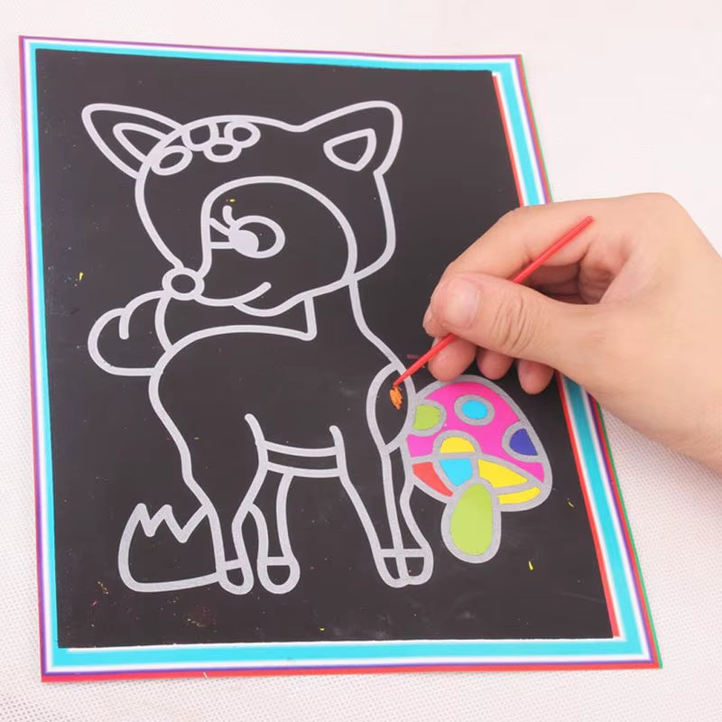 10 Pcs 13X 9.8Cm Scratch Art Paper Magic Painting Paper with Drawing Stick for Kids Toy Colorful Drawing Toys