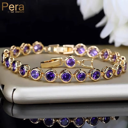 Pera Gorgeous Design Gold Color round Shape Purple Cubic Zirconia Stone Charm Link Bracelets Wedding Jewelry for Women B020