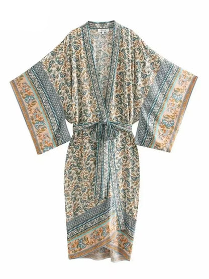 Vintage Chic Women Floral Print Batwing Sleeve Beach Bohemian Kimono Dress Ladies V Neck Summer Boho Robe Cover-Ups Vestidos