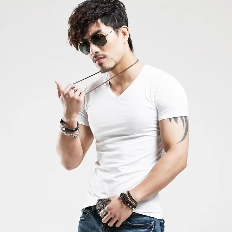 2025 Brand New Men T Shirt Tops V Neck Short Sleeve Tees Men'S Fashion Fitness Hot T-Shirt for Male Man T-Shirt Size 5XL
