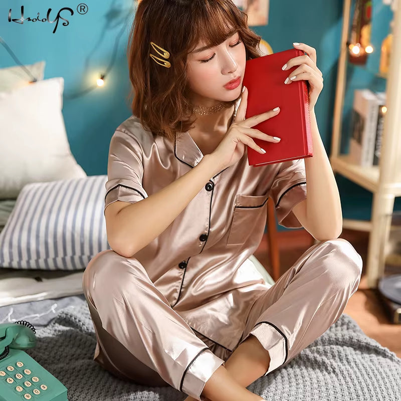 Womens Silk Satin Pajamas Pyjamas Set Sleepwear Pijama Pajamas Suit Female Sleep Two Piece Set Women'S Loungewear plus Size