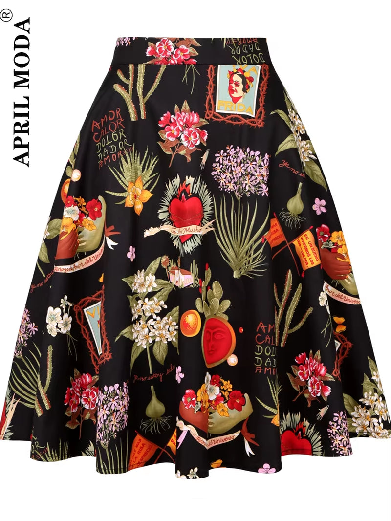 Women'S Runway Cotton Retro Vintage Skirt Black Faldas High Waist a Line Rockabilly Jupe 50S Swing Umbrella Skirts Pin up Skater