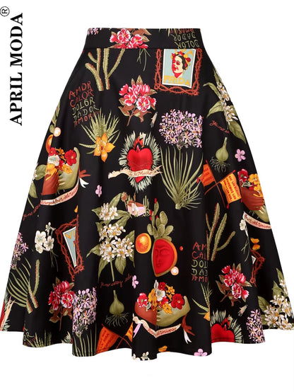 Women'S Runway Cotton Retro Vintage Skirt Black Faldas High Waist a Line Rockabilly Jupe 50S Swing Umbrella Skirts Pin up Skater