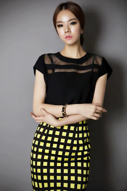 New Ladies Black Tulle Sheer Blouses Shirts Women'S Tops Chiffon Blouse Short Hollow Out Blusas Femininas Summer