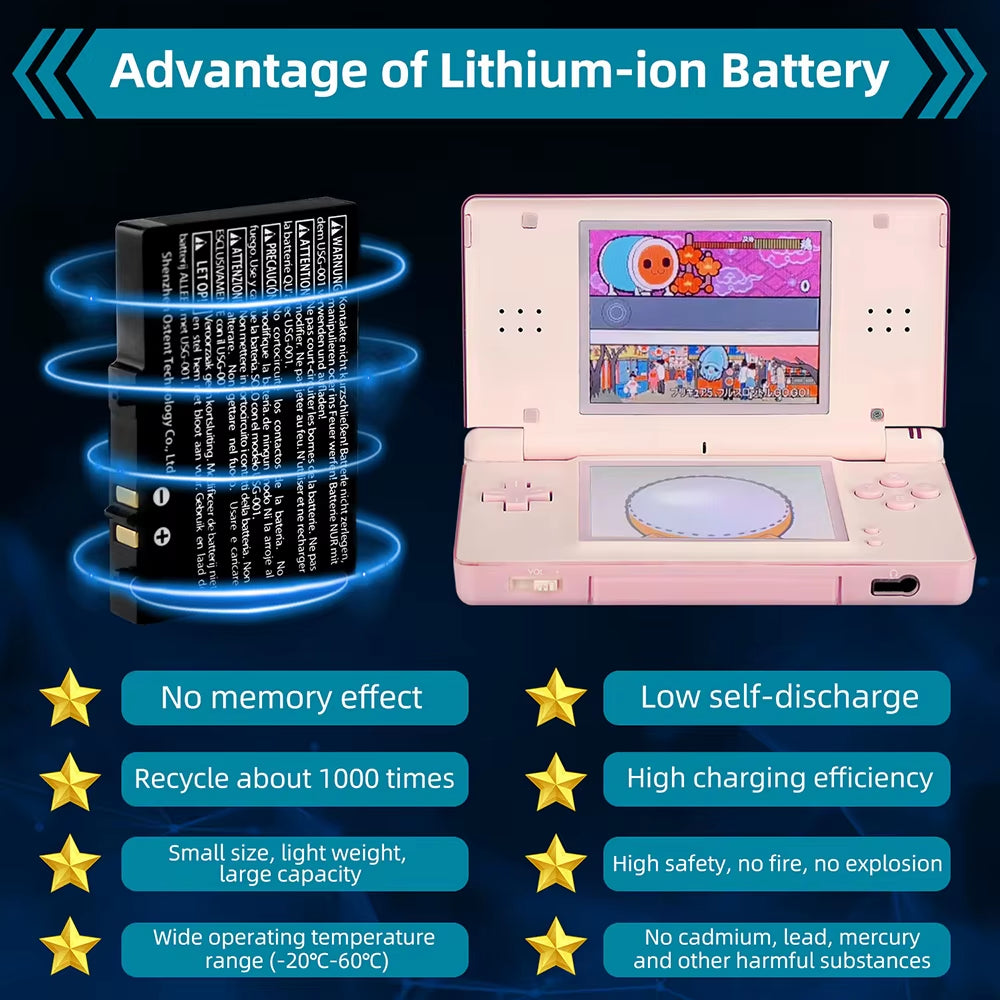 Real Capacity 1000Mah 3.7V Rechargeable Lithium Battery+Tool Kit for Nintendo DSL NDS Lite Gamepad Replacement Battery