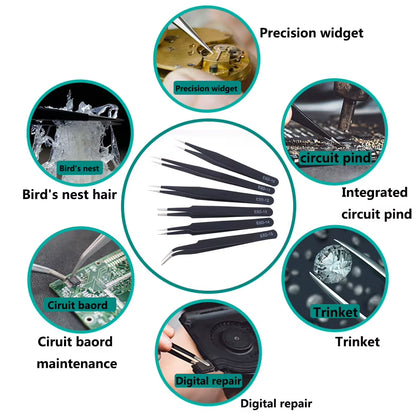 Anti-Static ESD Stainless Steel Tweezers Set Maintenance Tools Industrial Precision Curved Straight Tweezers Repair Tools Set