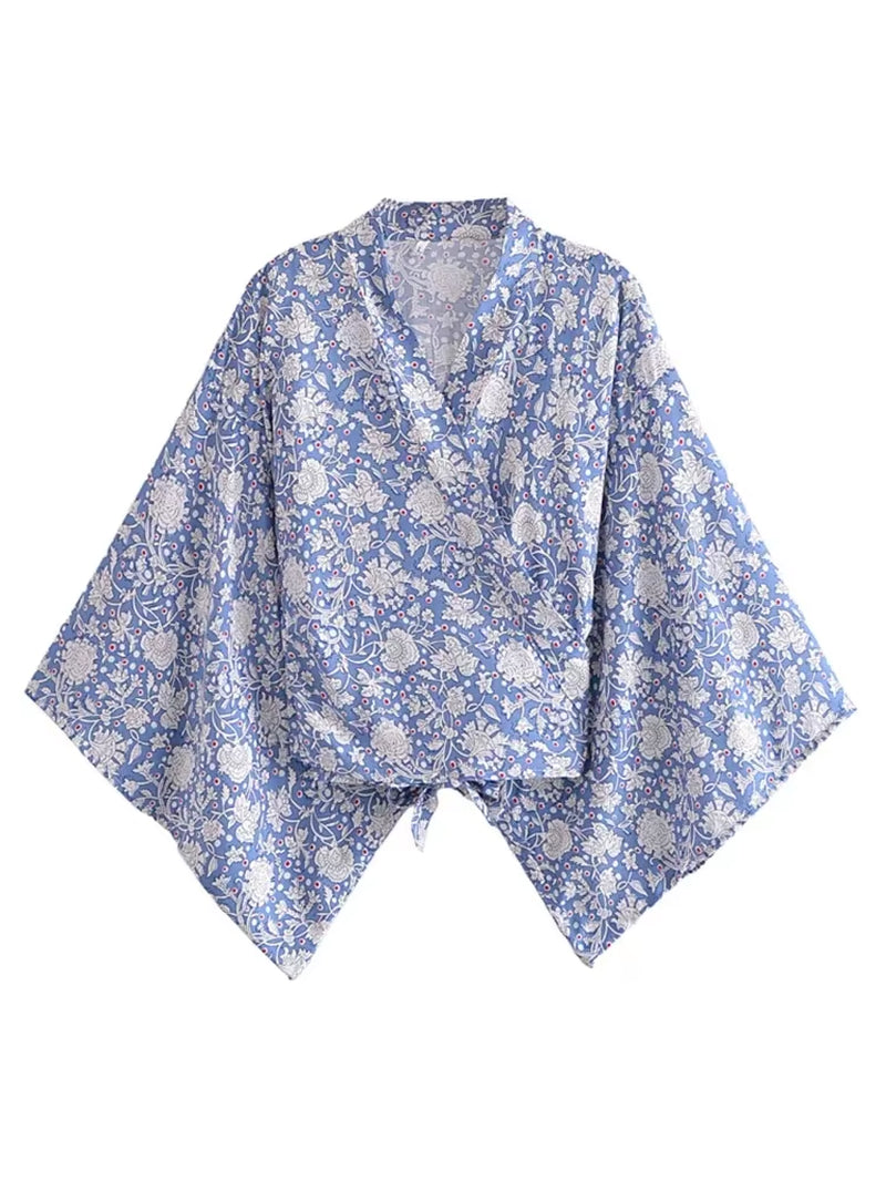 Boho Vintage Floral Print Beach Summer Short Kimono Women Fashion Ladies Casual V Neck Batwing Sleeves Bohemian Cover-Ups