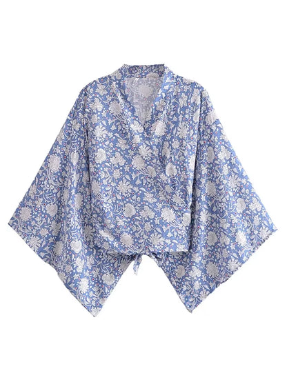 Boho Vintage Floral Print Beach Summer Short Kimono Women Fashion Ladies Casual V Neck Batwing Sleeves Bohemian Cover-Ups