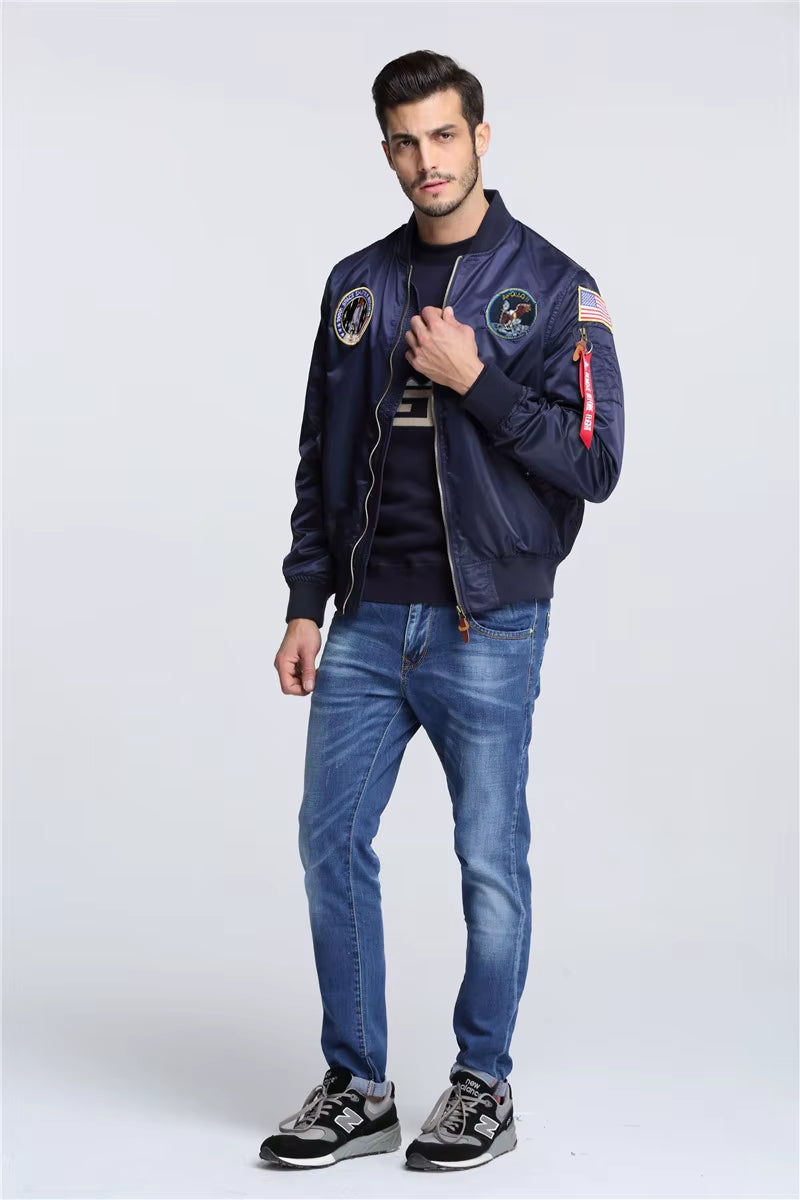 2025 New Autumn Apollo Thin 100Th SPACE SHUTTLE MISSION Thin MA1 Bomber Hiphop US Air Force Pilot Flight College Jacket for Men