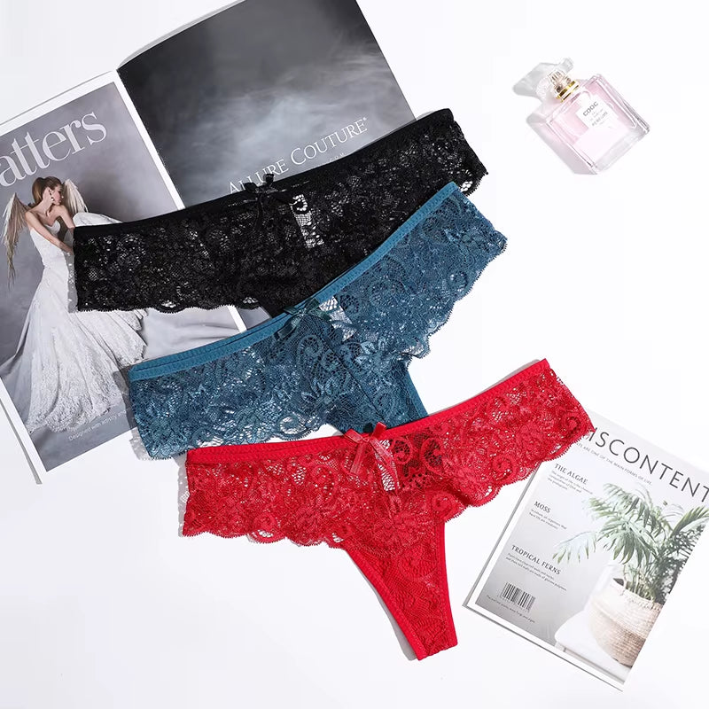 3Pcs Sexy Underwear Woman Thongs Panties Lace G-String T-Back Female Underwear Sexy Lace Thongs Underpants Panties for Woman