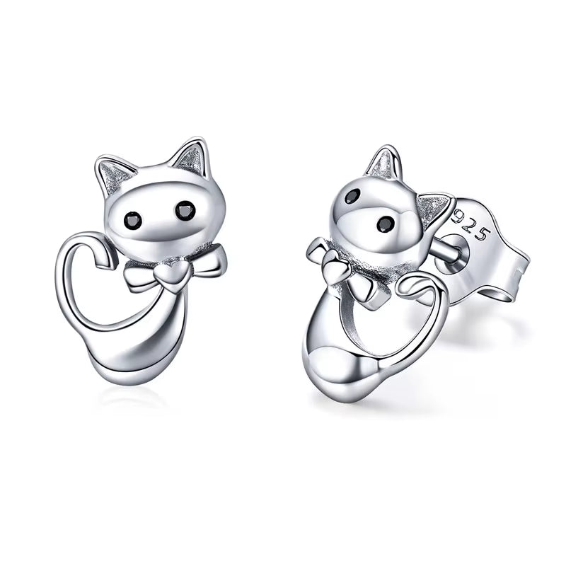 Real 100% 925 Sterling Silver Lovely Cat Pet Stud Earrings for Women S925 Silver Earring Fashion Jewelry Gift FIE073