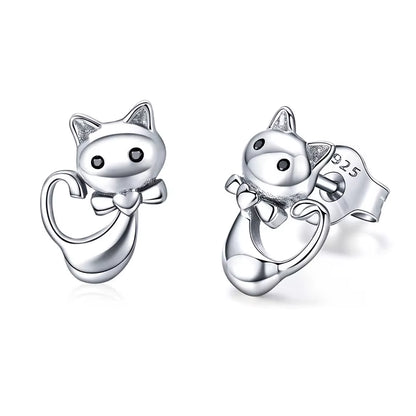 Real 100% 925 Sterling Silver Lovely Cat Pet Stud Earrings for Women S925 Silver Earring Fashion Jewelry Gift FIE073