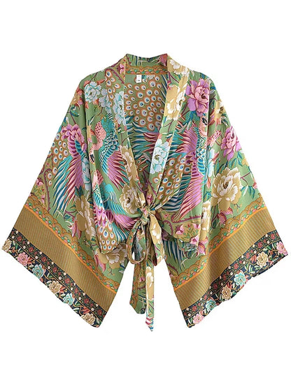 Boho Vintage Floral Print Beach Summer Short Kimono Women Fashion Ladies Casual V Neck Batwing Sleeves Bohemian Cover-Ups