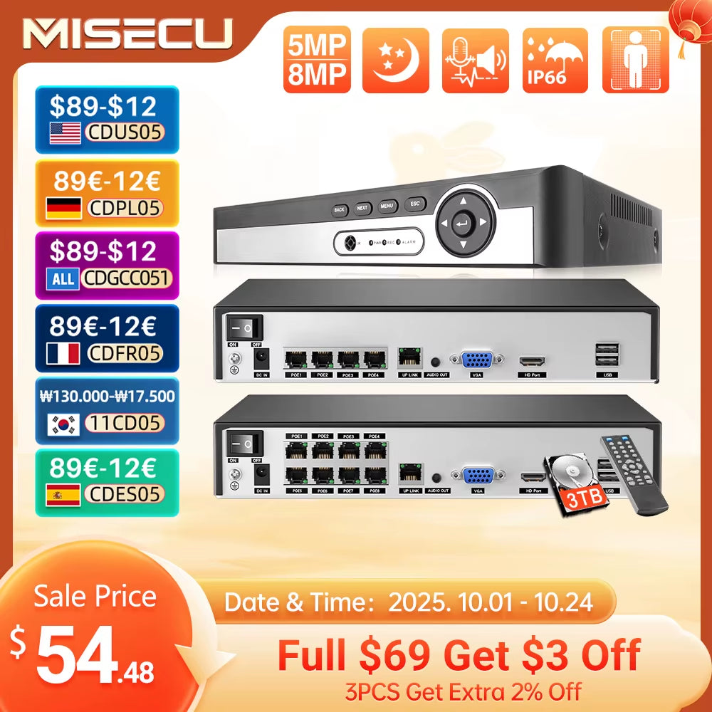 H.265 4CH 8CH 1080P 5MP 8MP 4K Ultra HD POE NVR Network Face Detection Video Recorder for Security POE IP Camera ONVIF