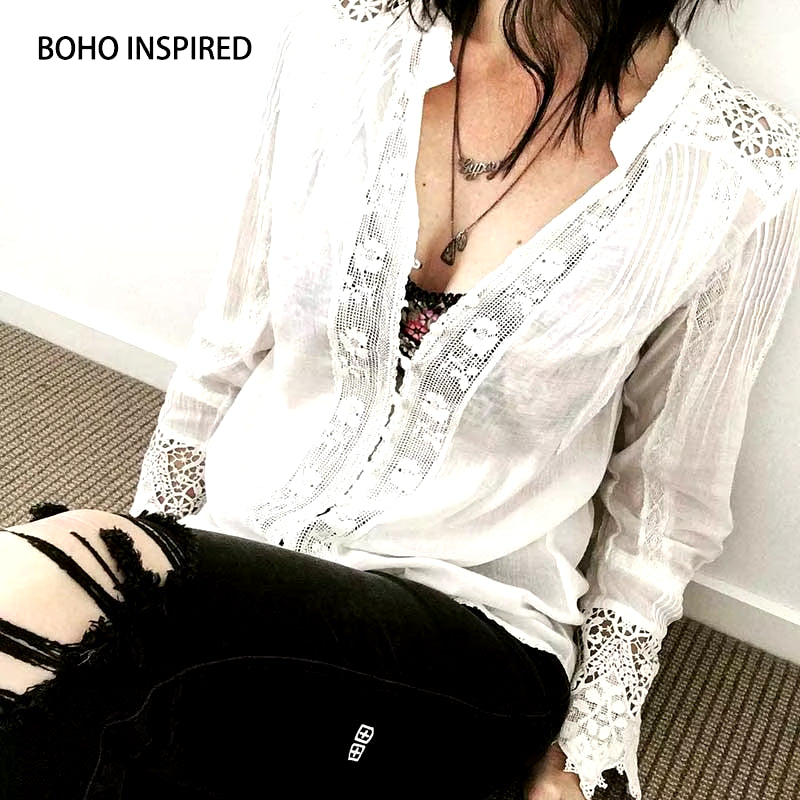 Blouse White Cotton Lace Floral Embroidery Women'S Shirt Loose Boho Style V-Neck Long Sleeve Tunic Sexy Tops