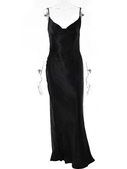 Sexy Spaghetti Strap Backless Maxi Dress Women Satin Lace up Trumpet Evening Dress Elegant Bodycon Party Dresses 2024