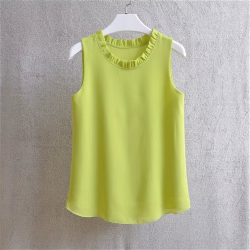 21 Colors Solid Ruffle Chiffon Blouse Women 2025 Summer Fashion Vest Blusas Casual Loose Sleeveless Ladies Tops Shirt