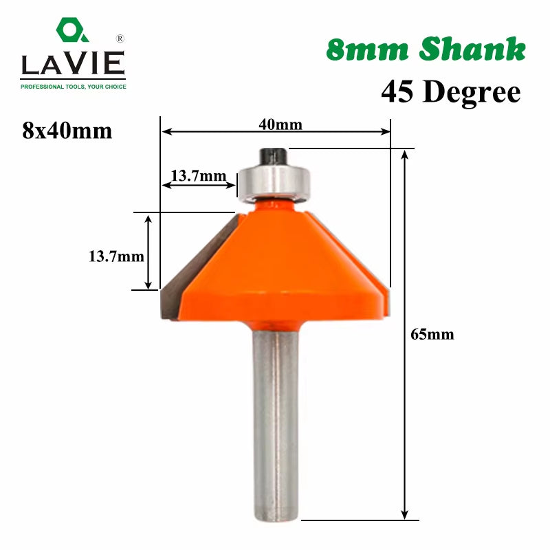 LAVIE 1Pc 8Mm Shank 45 Degree Chamfer Edge Forming Router Bit Bevel Flush Trim Bit Woodworking Milling Cutter Bits MC02021