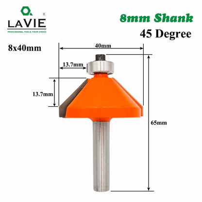 LAVIE 1Pc 8Mm Shank 45 Degree Chamfer Edge Forming Router Bit Bevel Flush Trim Bit Woodworking Milling Cutter Bits MC02021
