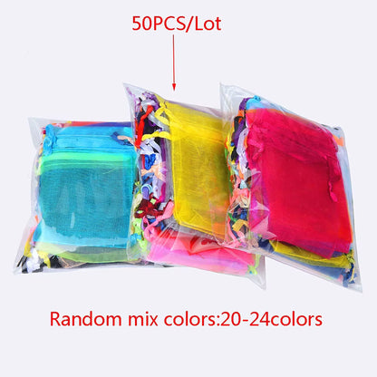 50Pcs/Lot 24 Colors Jewelry Bag Organza Gift Bags for Jewelry Packaging Bags Wedding Gift Storage Drawstring Pouches Wholesale
