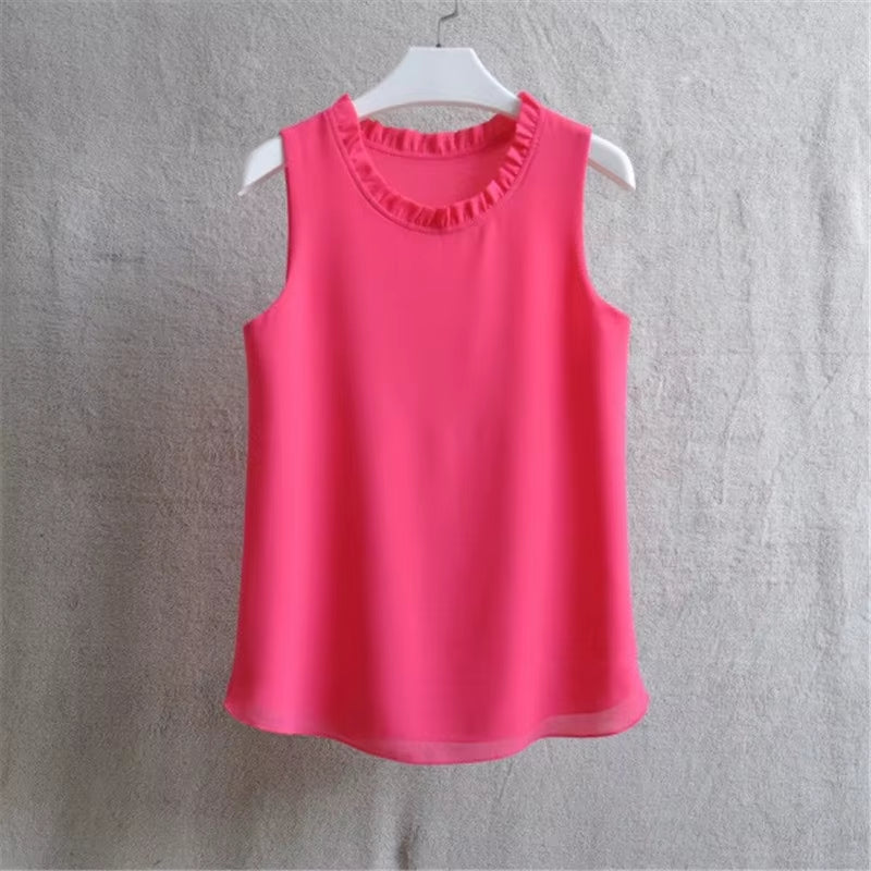 21 Colors Solid Ruffle Chiffon Blouse Women 2025 Summer Fashion Vest Blusas Casual Loose Sleeveless Ladies Tops Shirt