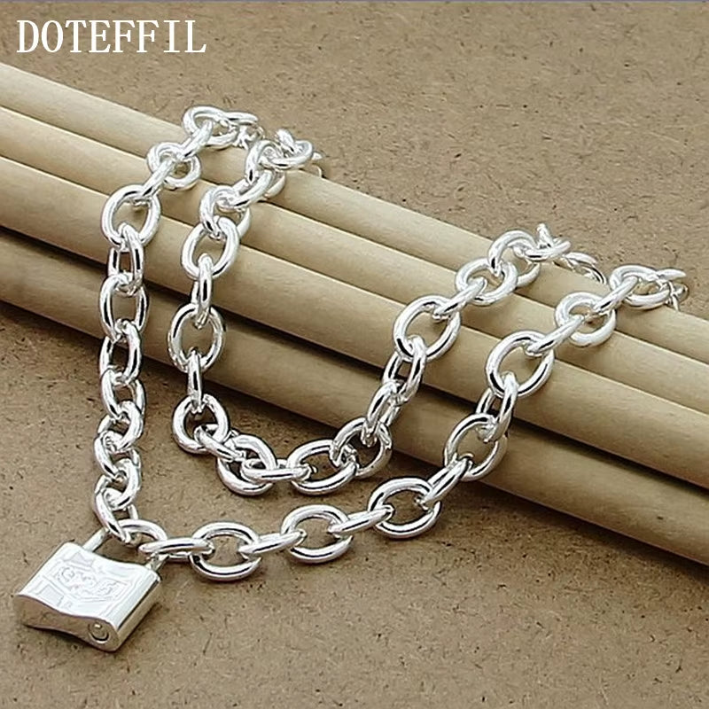 925 Sterling Silver Square Lock Pendant Necklaces 18 Inches Chain for Women Lovers Wedding Party Jewelry