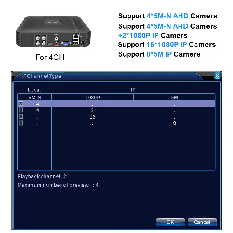 H.265 4CH/8CH CCTV DVR 5M-N 5 in 1 AHD CVI TVI CVBS IP Camera Hybrid Digital Video Recorder Home Security System Onvif NVR