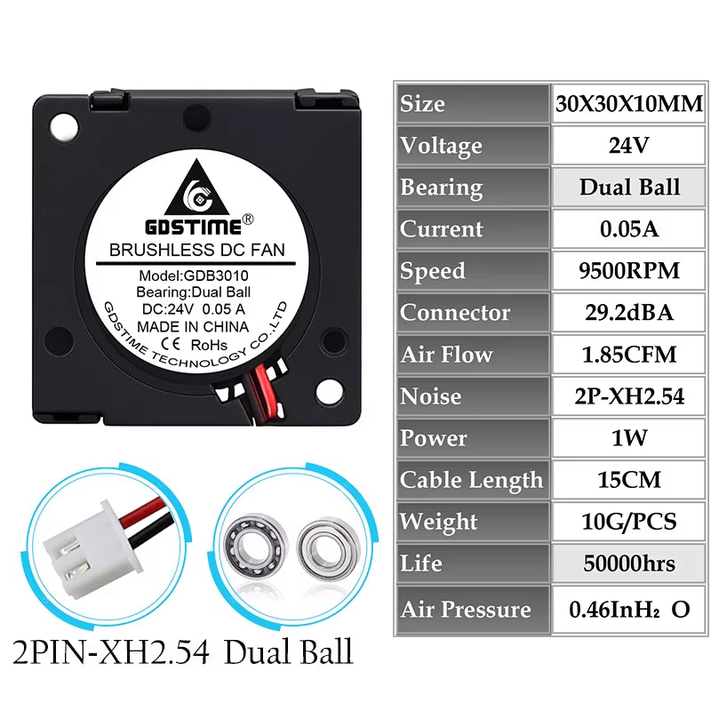 2 Pieces  DC 5V 12V 24V 30X30X10Mm Sleeve Dual Ball 1 Inch Small Mini Blower Cooling Fan 30Mm X 10Mm 3Cm 3010 3D Printer