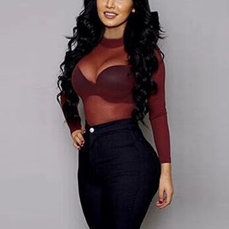 Sexy Women T Shirt See through Transparent Mesh Tops Long Sleeve Sheer Slim Ladies Turtleneck T-Shirt