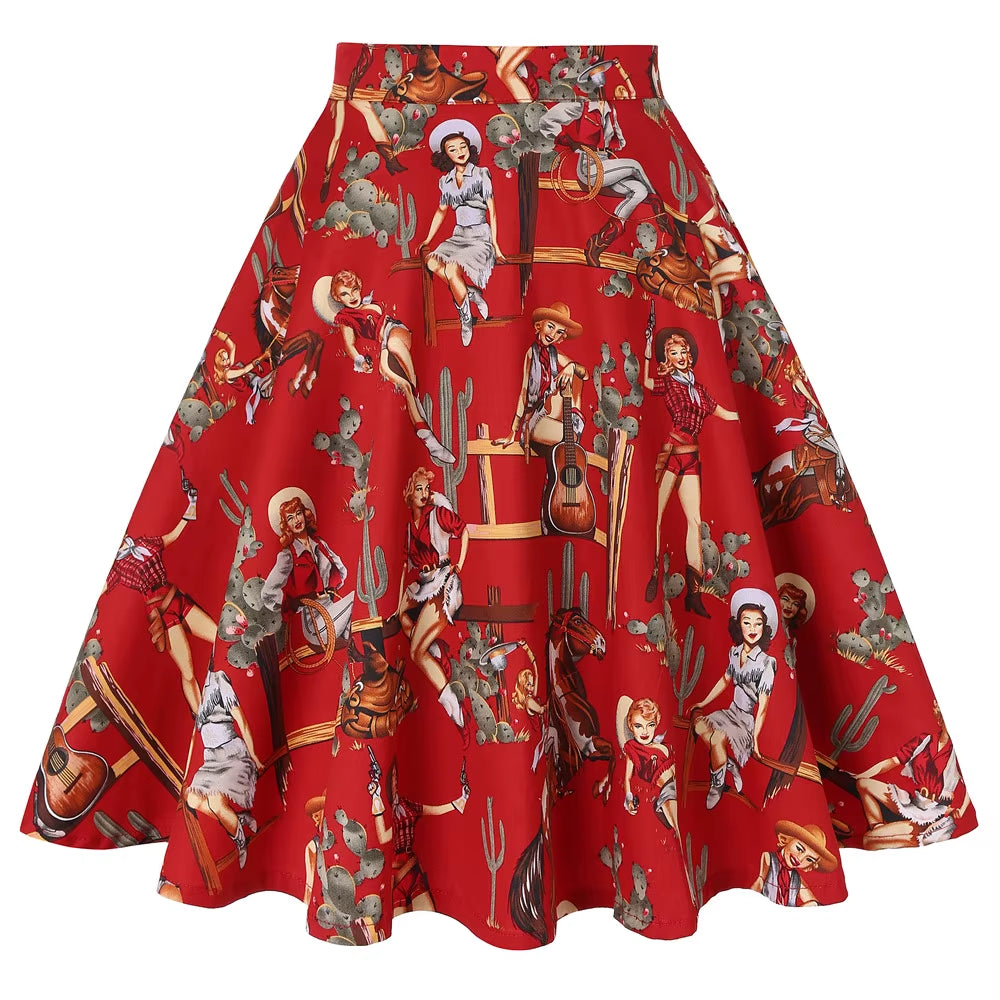 Women'S Runway Cotton Retro Vintage Skirt Black Faldas High Waist a Line Rockabilly Jupe 50S Swing Umbrella Skirts Pin up Skater
