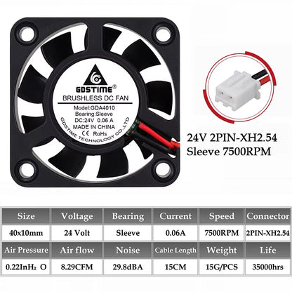2Pcs  DC 24V 12V 5V 40Mm X 40Mm X 10Mm 2-Pin Ball Bearing Computer PC Case Cooling Fan 4010