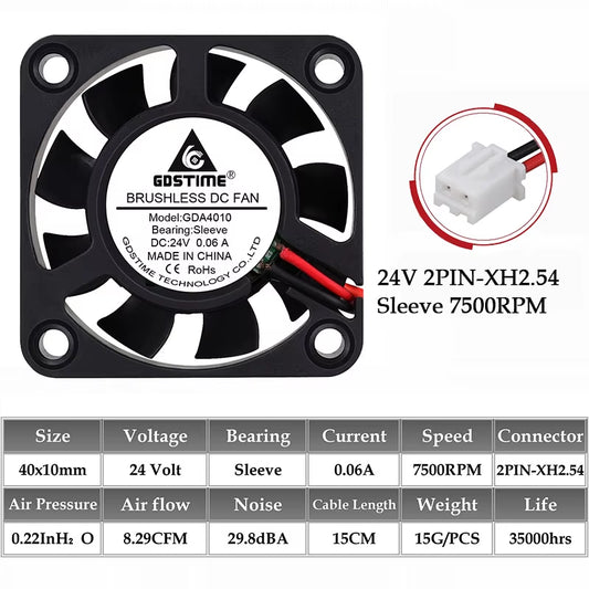 2Pcs  DC 24V 12V 5V 40Mm X 40Mm X 10Mm 2-Pin Ball Bearing Computer PC Case Cooling Fan 4010