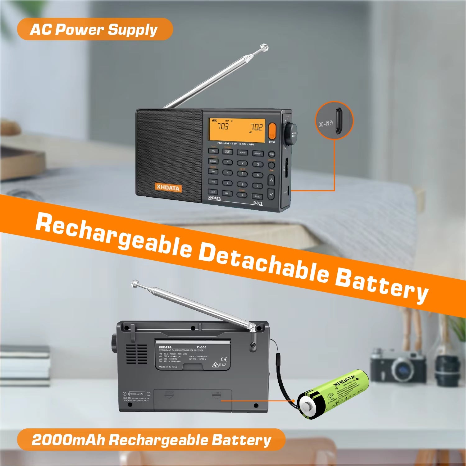 D-808 AM/FM/SW/MW SSB AIR RDS Full Band Portable Radio with Multifunction Deep Sound Stereo Rechargeable Radio Receiver