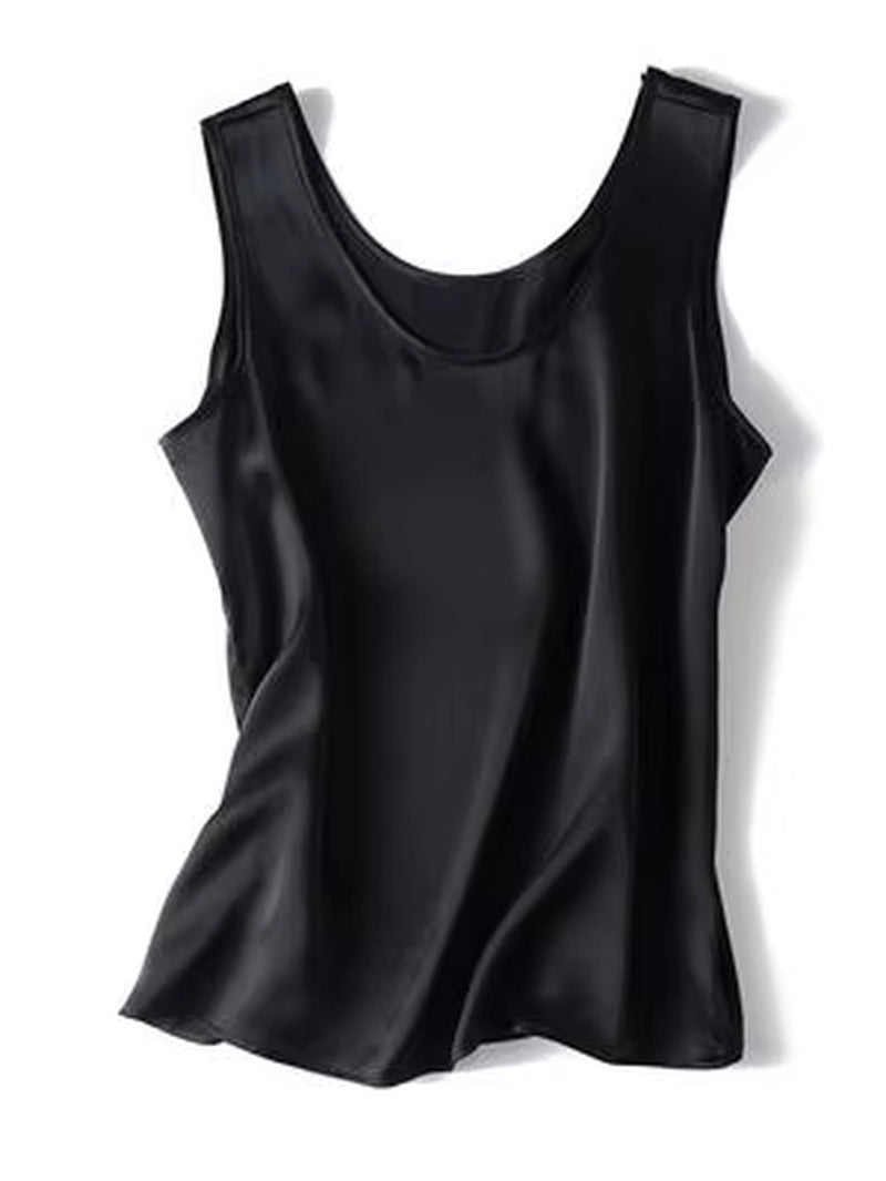 . Women Basic Cozy Tanks, 100%Real Silk, O Neck Sleeveless Chic T Shirt, 2025 Solid Summer Vests, White, Pink, Beige