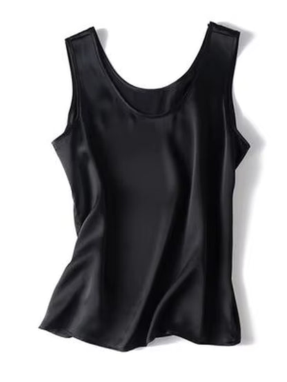 . Women Basic Cozy Tanks, 100%Real Silk, O Neck Sleeveless Chic T Shirt, 2025 Solid Summer Vests, White, Pink, Beige