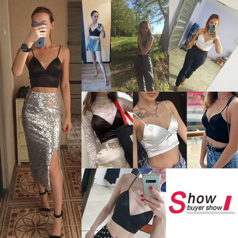Sexy Satin Crop Tops Women Wireless Bralette Crochet Top Female Spaghetti Strap T-Shirt Cropped with Chest Padded Camisole Camis