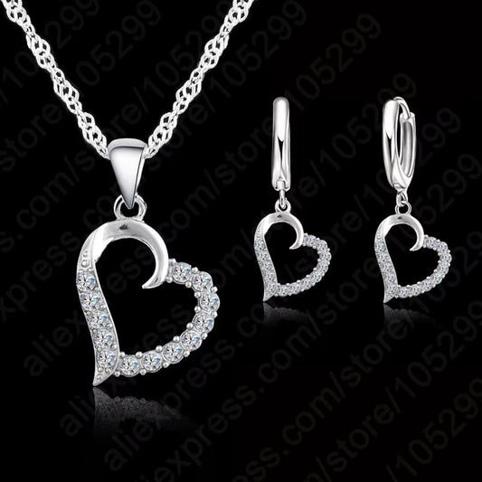 Classic Cubic Zircon Heart Pendant Jewelry Set 925 Sterling Silver Necklace/Earring Women Wedding Sets