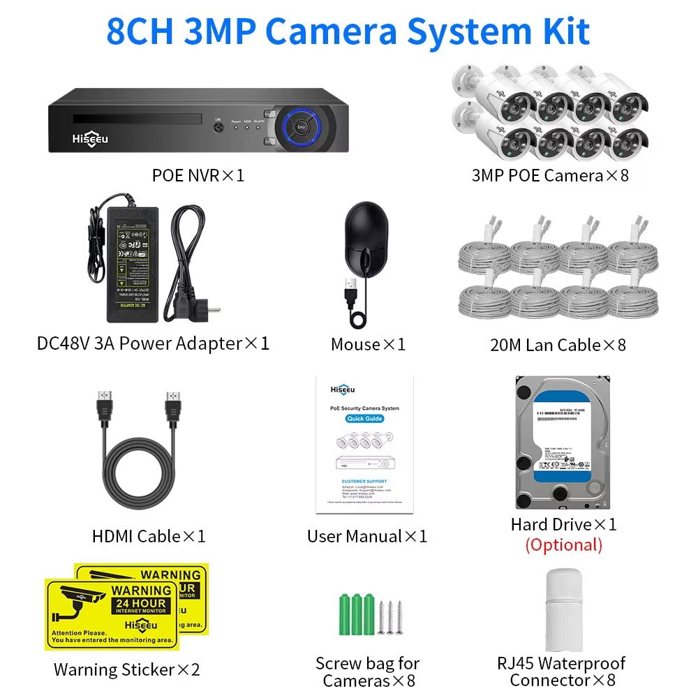 5MP 3MP 8CH POE NVR Video Audio Record ONVIF CCTV IP Security Surveillance Camera System Kit Set Outdoor House Waterproof