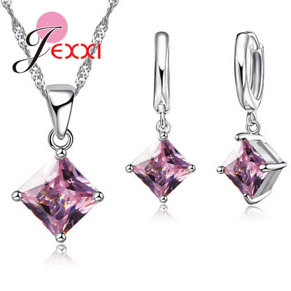 8 Colors 925 Sterling Silver Women Wedding Beautiful Pendant Necklace Earrings Set Clearly Square Crystal Jewelry Sets