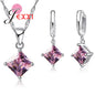 8 Colors 925 Sterling Silver Women Wedding Beautiful Pendant Necklace Earrings Set Clearly Square Crystal Jewelry Sets