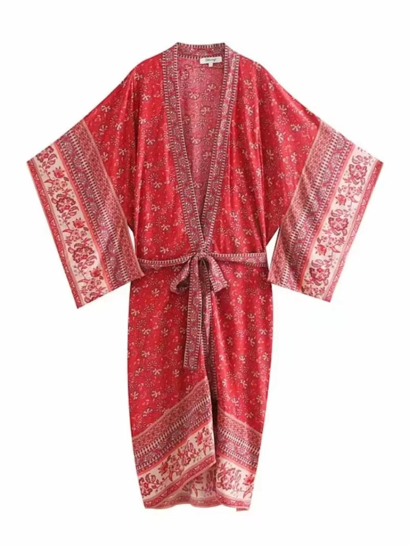 Vintage Chic Women Floral Print Batwing Sleeve Beach Bohemian Kimono Dress Ladies V Neck Summer Boho Robe Cover-Ups Vestidos