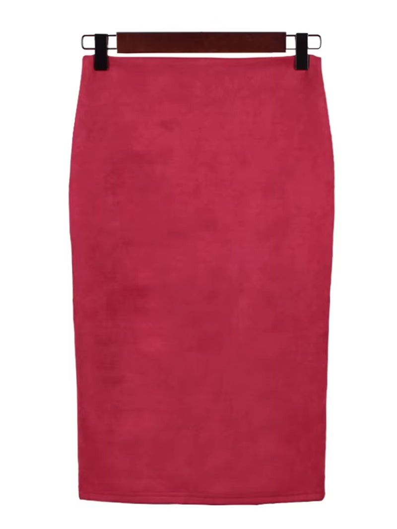 Sexy Multi Color Suede Midi Pencil Skirt Women 2024 Fashion Elastic High Waist Office Lady Bodycon Skirts Saias