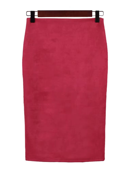 Sexy Multi Color Suede Midi Pencil Skirt Women 2024 Fashion Elastic High Waist Office Lady Bodycon Skirts Saias