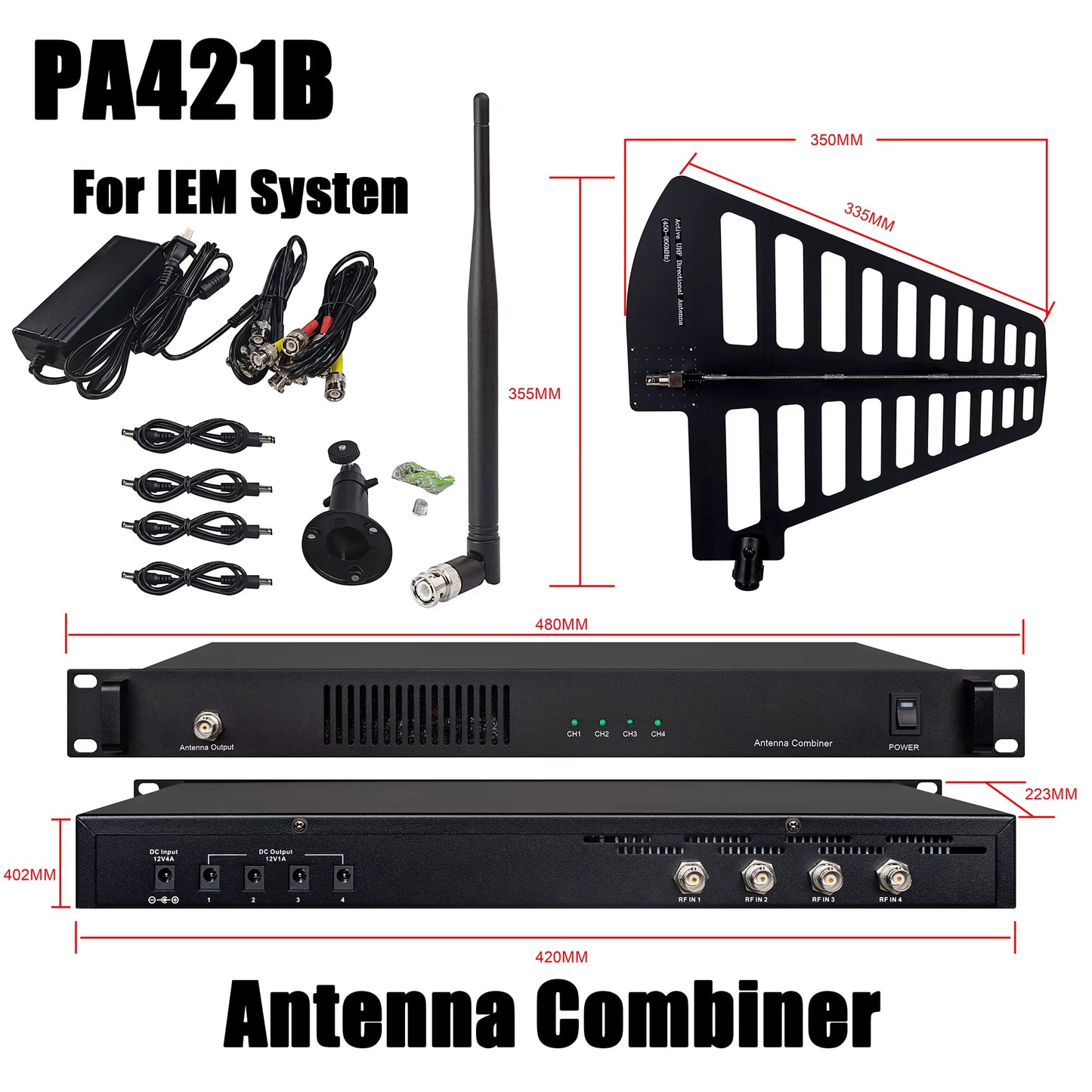 PA421B Antenna Combiner Four to One Antena Distribution System for in Ear Monitor Wireless Systems 4 Transmitters OEM Logo