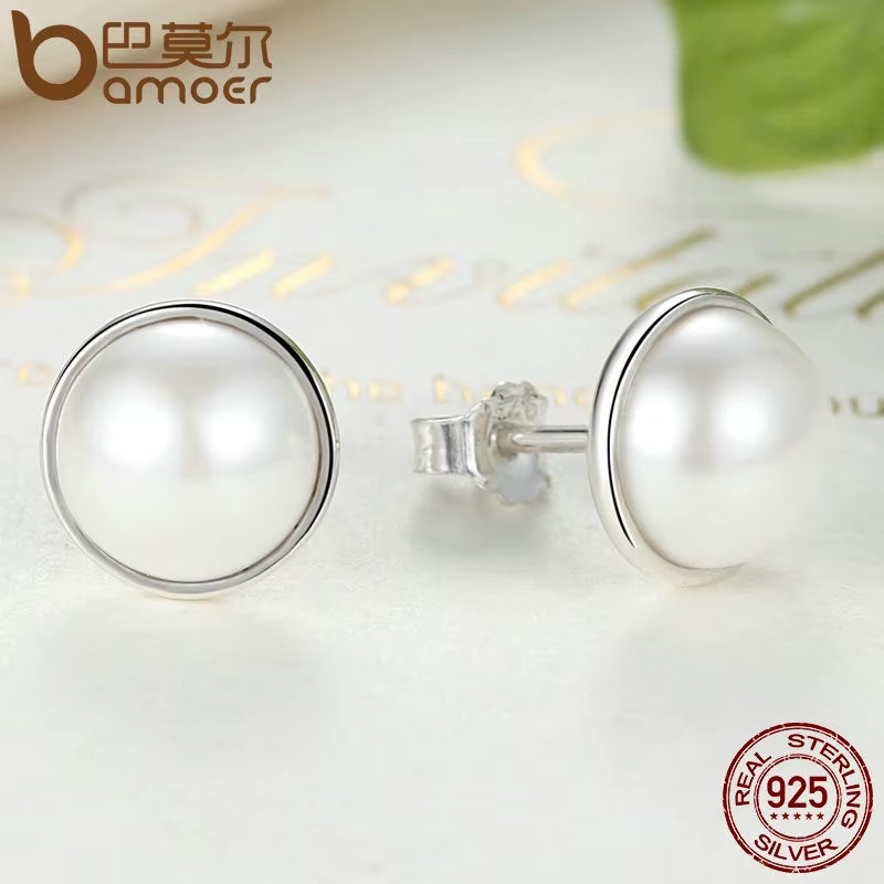 Fashion 925 Sterling Silver Elegant Beauty, round White Shell Pearl Stud Earrings Women Engagement Jewelry Brincos PAS489