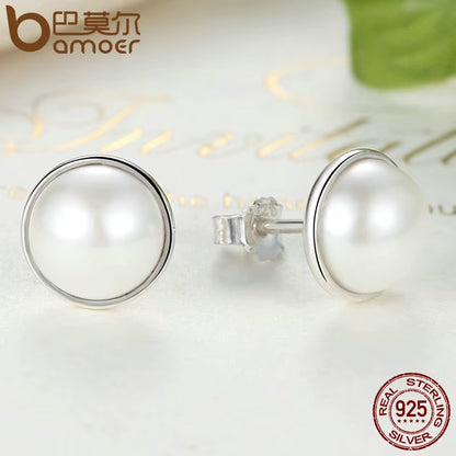 Fashion 925 Sterling Silver Elegant Beauty, round White Shell Pearl Stud Earrings Women Engagement Jewelry Brincos PAS489