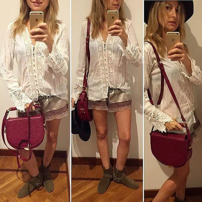 Blouse White Cotton Lace Floral Embroidery Women'S Shirt Loose Boho Style V-Neck Long Sleeve Tunic Sexy Tops