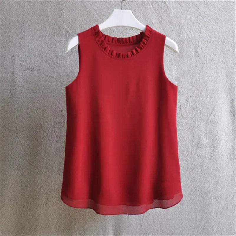 21 Colors Solid Ruffle Chiffon Blouse Women 2025 Summer Fashion Vest Blusas Casual Loose Sleeveless Ladies Tops Shirt