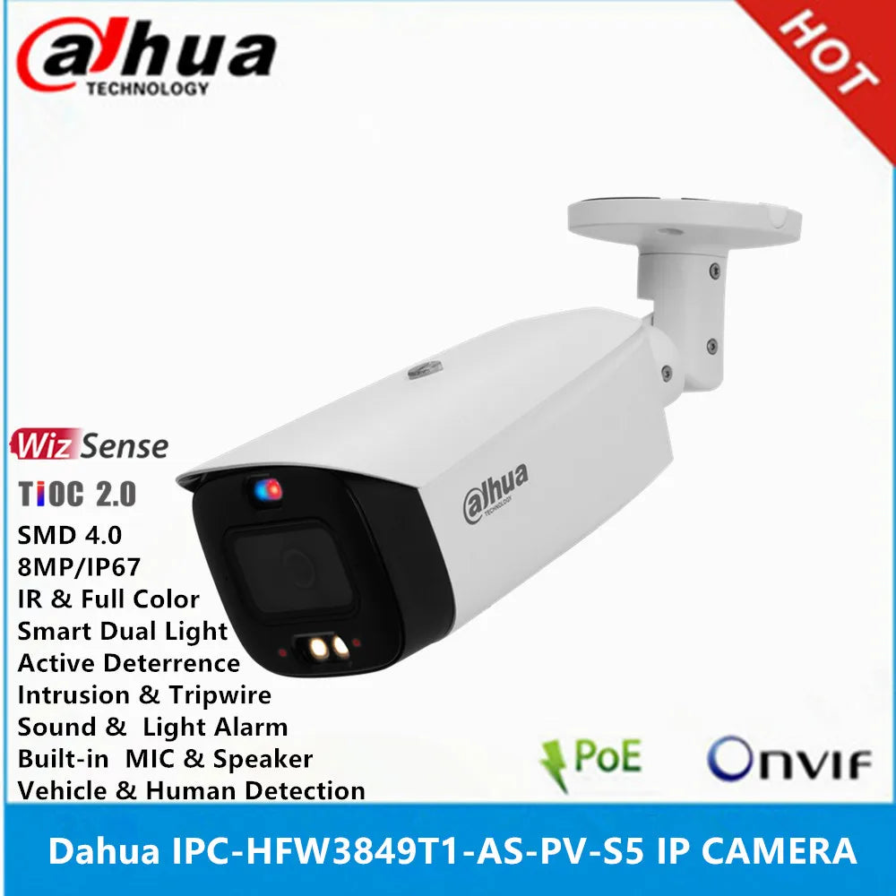 IPC-HFW3849T1-AS-PV-S5 8MP POE IP67 Built-In Mic & Spk IR30M & Full Color 30M Active Deterrence SMD 4.0 Wizsense IP Camera