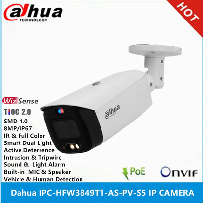 IPC-HFW3849T1-AS-PV-S5 8MP POE IP67 Built-In Mic & Spk IR30M & Full Color 30M Active Deterrence SMD 4.0 Wizsense IP Camera